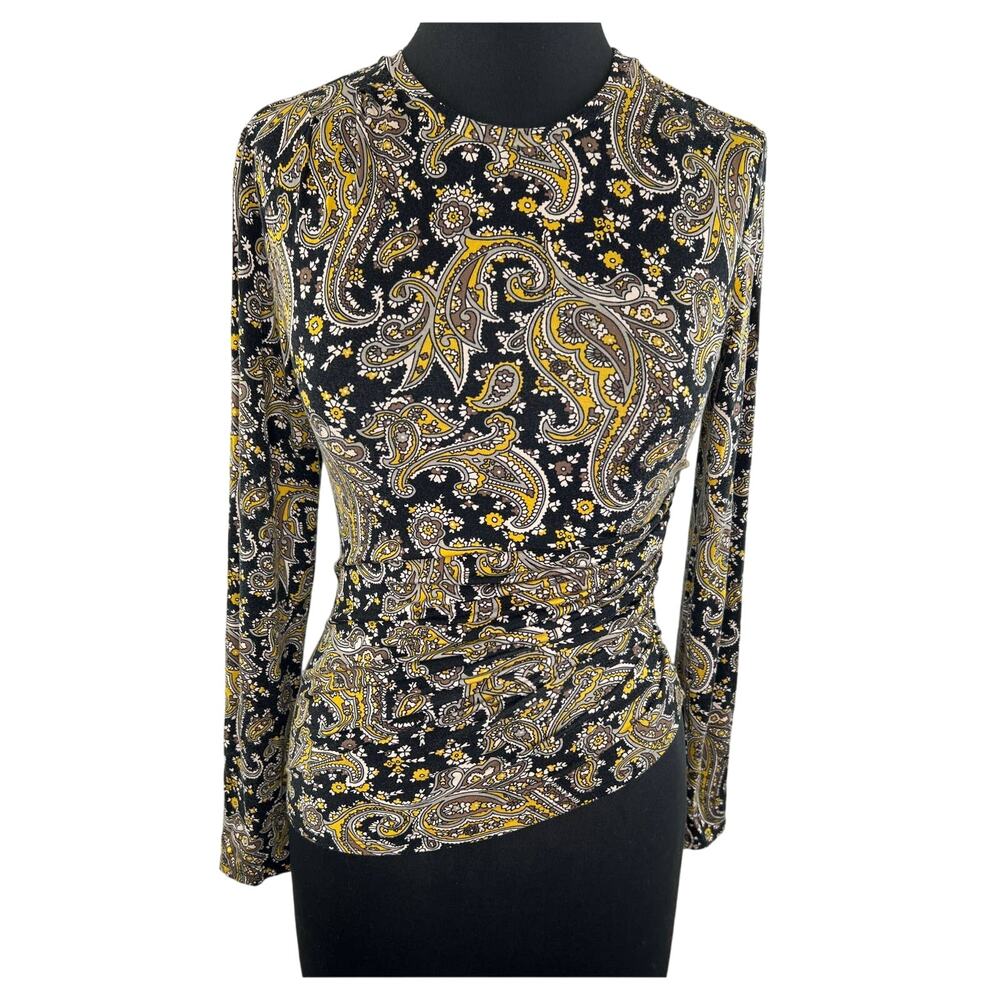 JOIE Paisley Jersey Fitted Long Sleeve Top Yellow Gold Slim Blouse S Small